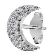 14k white gold pavé diamond crescent moon stud earring, angled view highlighting diamond sparkle
