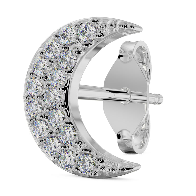 14k white gold pavé diamond crescent moon stud earring, angled view highlighting diamond sparkle