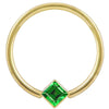 14k yellow gold fixed bead ring with green princess-cut CZ in corner bezel setting, front view