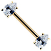 14k yellow gold straight barbell with two pear-cut CZ ends in prong settings, angled view