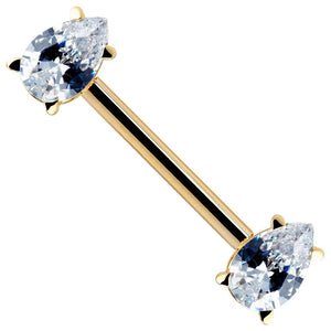 14k yellow gold straight barbell with two pear-cut CZ ends in prong settings, angled view