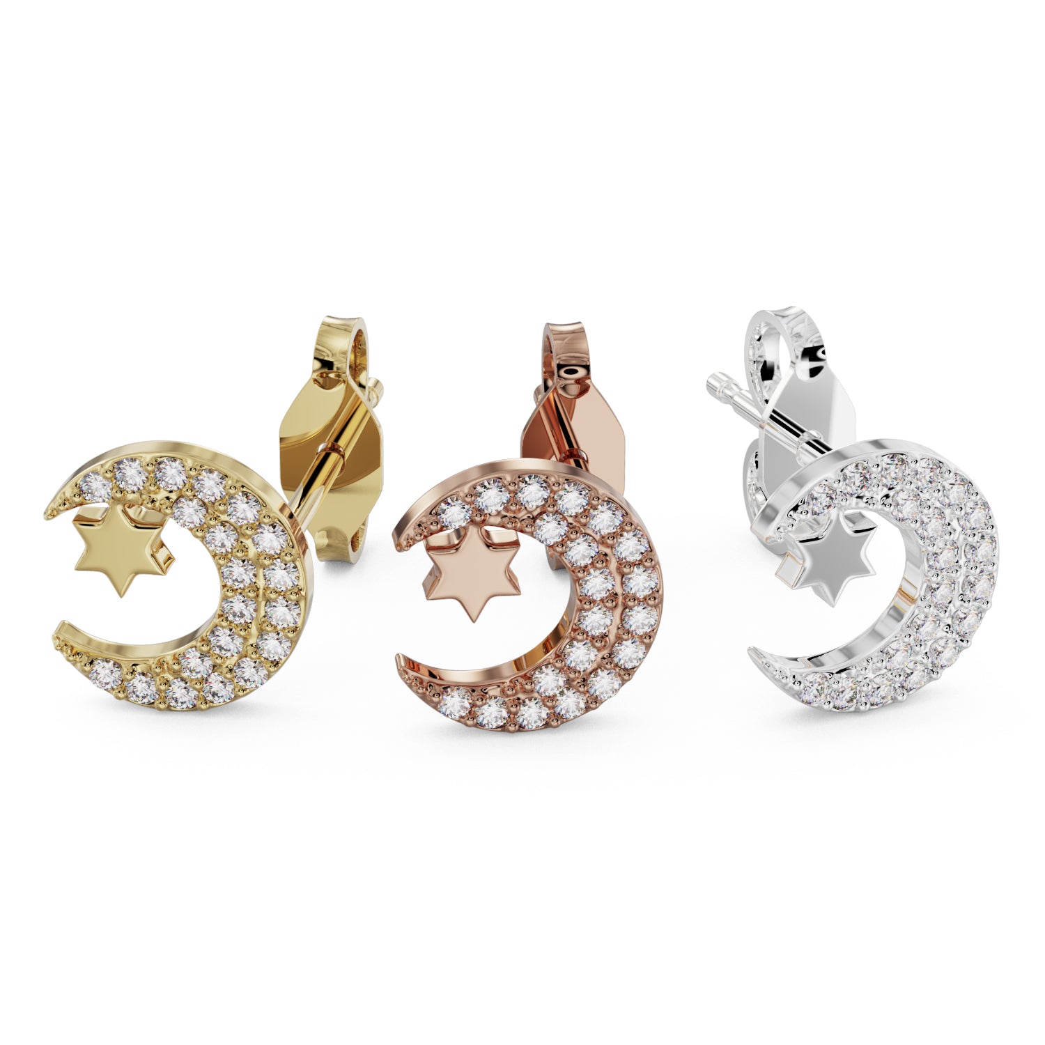 Diamond Moon with Star 14k Gold Stud Earring