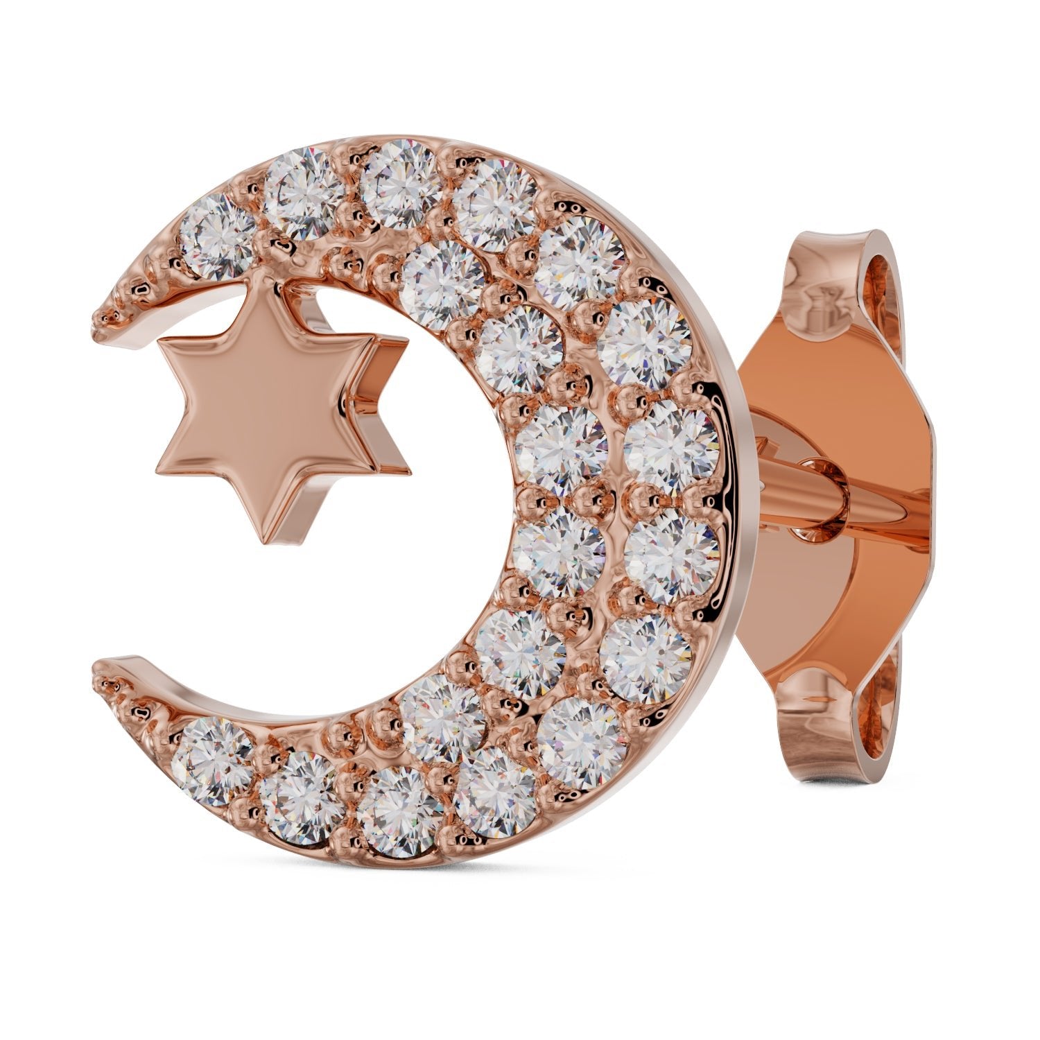 Diamond Moon with Star 14k Gold Stud Earring-14k Rose Gold