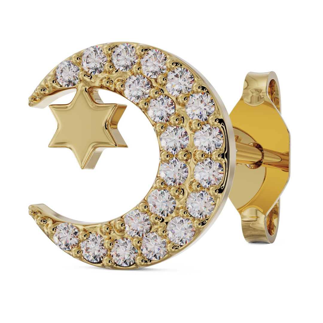 Diamond Moon with Star 14k Gold Stud Earring-14k Yellow Gold