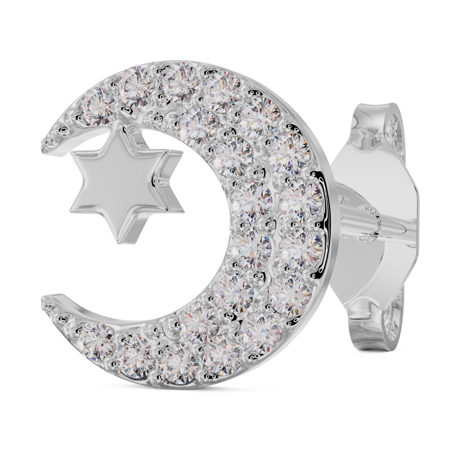 Diamond Moon with Star 14k Gold Stud Earring-14k White Gold