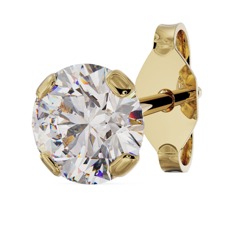 4mm round diamond stud in 14k yellow gold martini prong setting, angled view showing post and backing