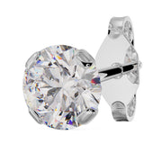 4mm round diamond stud in 14k white gold low-set prong setting, angled view showing post and backing