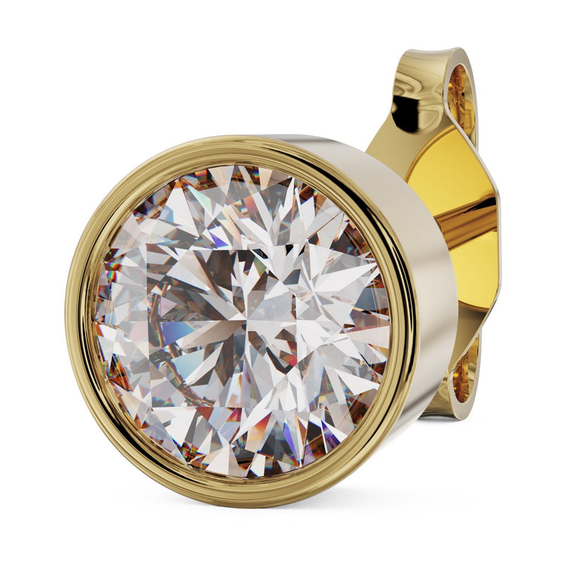 Angled close-up of 4mm .25ct diamond bezel-set stud earring in 14k yellow gold with post visible