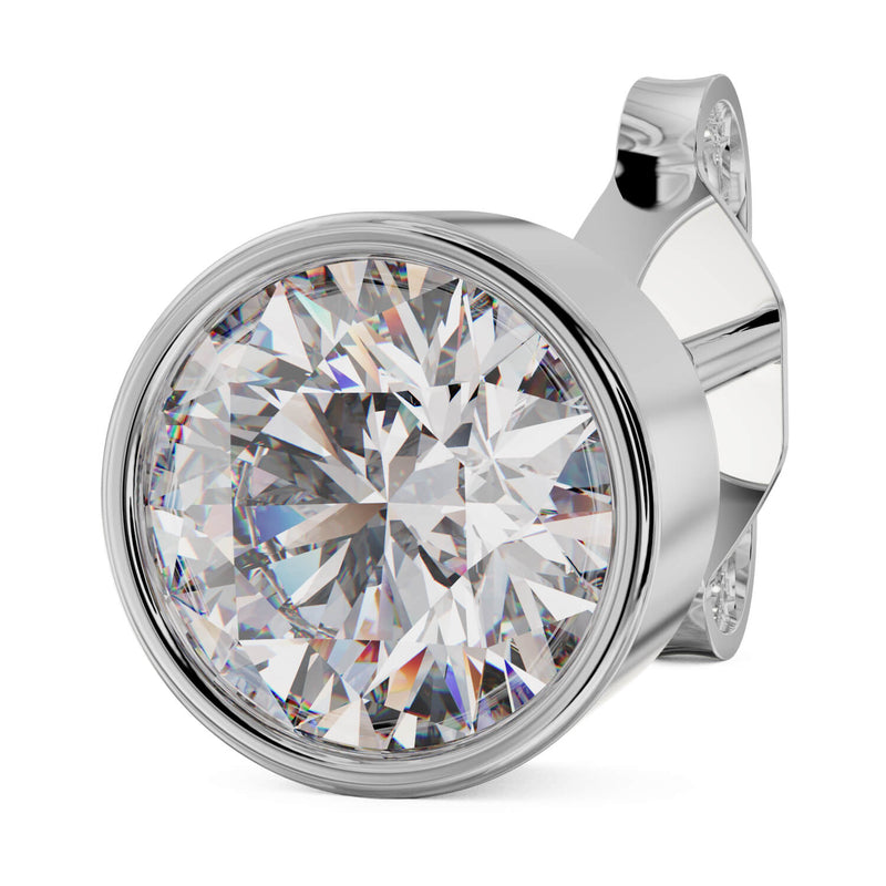 Angled close-up of 4mm .25ct diamond bezel-set stud earring in 14k white gold with post visible