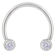 14k white gold CZ circular barbell with smaller 3mm bezel ends, 16G front view on white background