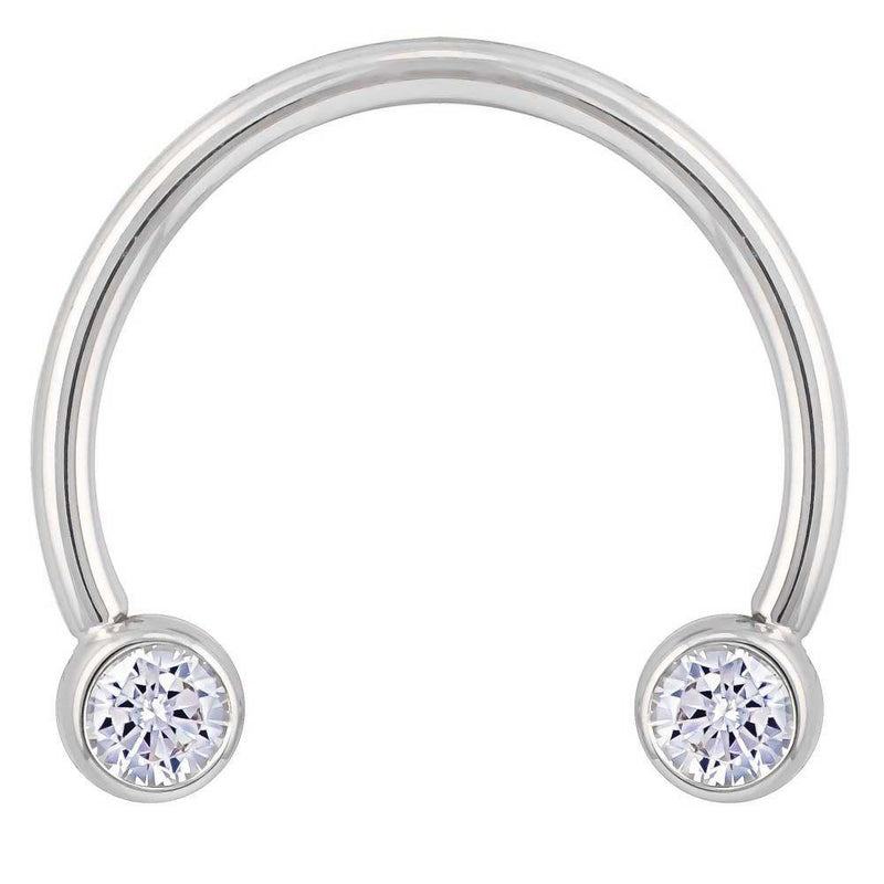 14k white gold CZ circular barbell with smaller 3mm bezel ends, 16G front view on white background
