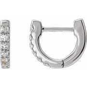 14k white gold 8mm diamond huggie hoop earrings pair, front view with pave diamond setting