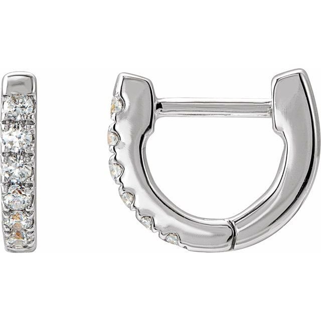 14k white gold 8mm diamond huggie hoop earrings pair, front view with pave diamond setting