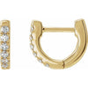 14k yellow gold 8mm diamond huggie hoop earrings pair, front and side view showing pave diamond row