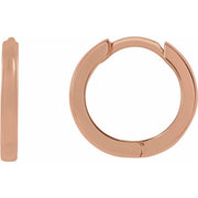 14k rose gold 8mm huggie hoop earrings shown from front and side, highlighting band profile