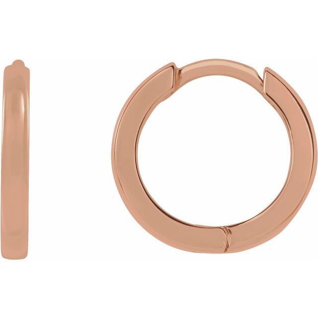 14k rose gold 8mm huggie hoop earrings shown from front and side, highlighting band profile