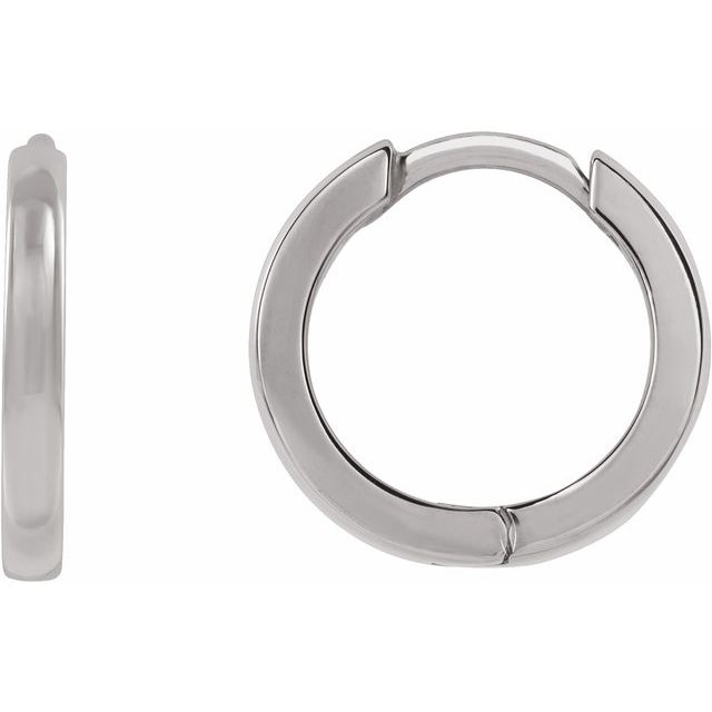 14k white gold 8mm huggie hoop earrings shown from front and side, highlighting band profile