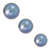 Three cultured peacock pearl replacement beads with silvery-blue iridescence shown in graduated sizes