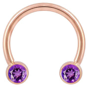 14k rose gold circular barbell with dual purple CZ round bezel ends, front view on white