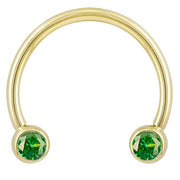14k yellow gold green CZ circular barbell, smaller diameter front view highlighting bezel settings