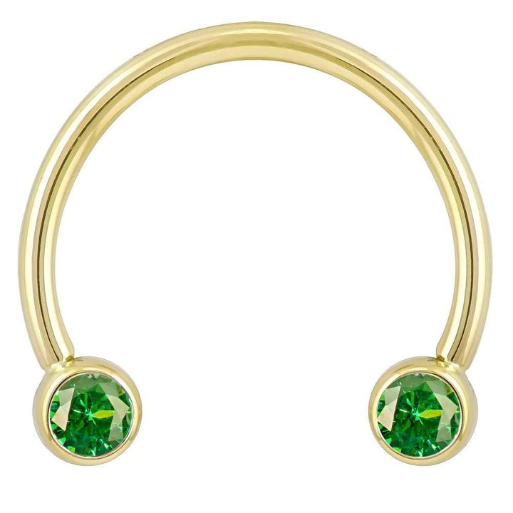 Green Cubic Zirconia Round Bezel 14k Gold Circular Barbell-14K Yellow Gold   16G (1.2mm)   1 2" (13mm)