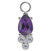 950 platinum pear-cut amethyst piercing charm with three bezel-set diamond accents, front view