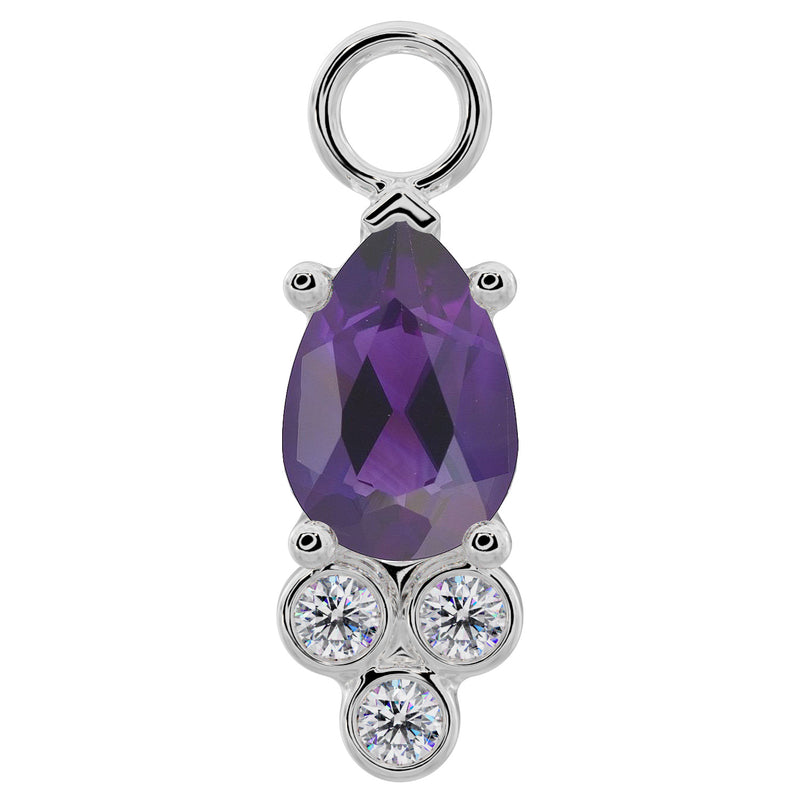 950 platinum pear-cut amethyst piercing charm with three bezel-set diamond accents, front view