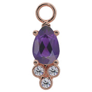 14K rose gold pear-cut amethyst piercing charm with bezel-set diamond trio accent, front view