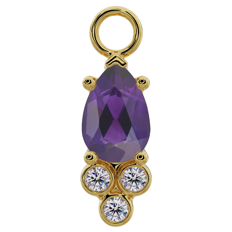 14K yellow gold pear-cut amethyst piercing charm with triple bezel-set diamond cluster, front view