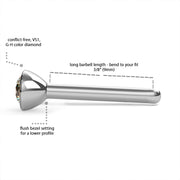Diagram of straight post diamond bezel nose stud with measurements and VS1 diamond callouts