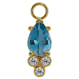 14K yellow gold piercing charm with pear-cut aquamarine and three bezel-set CZ accents, front view