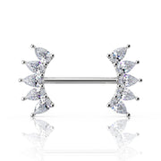 14k white gold nipple barbell with 10 pear-cut white sapphires in crescent settings, front view