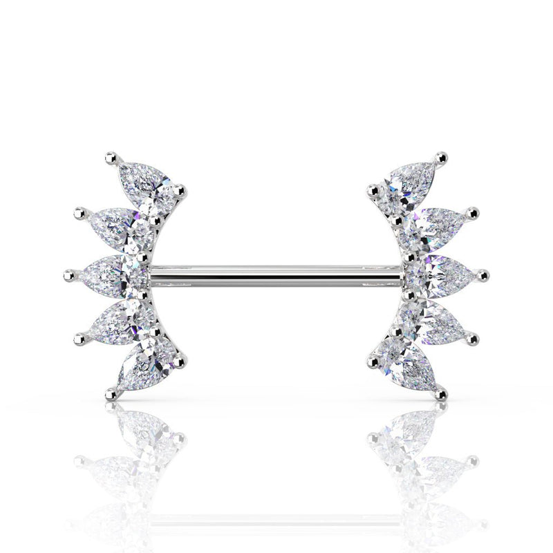 14k white gold nipple barbell with 10 pear-cut white sapphires in crescent settings, front view