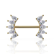 14k yellow gold nipple barbell with 10 pear white sapphires in fan crescent ends, front view