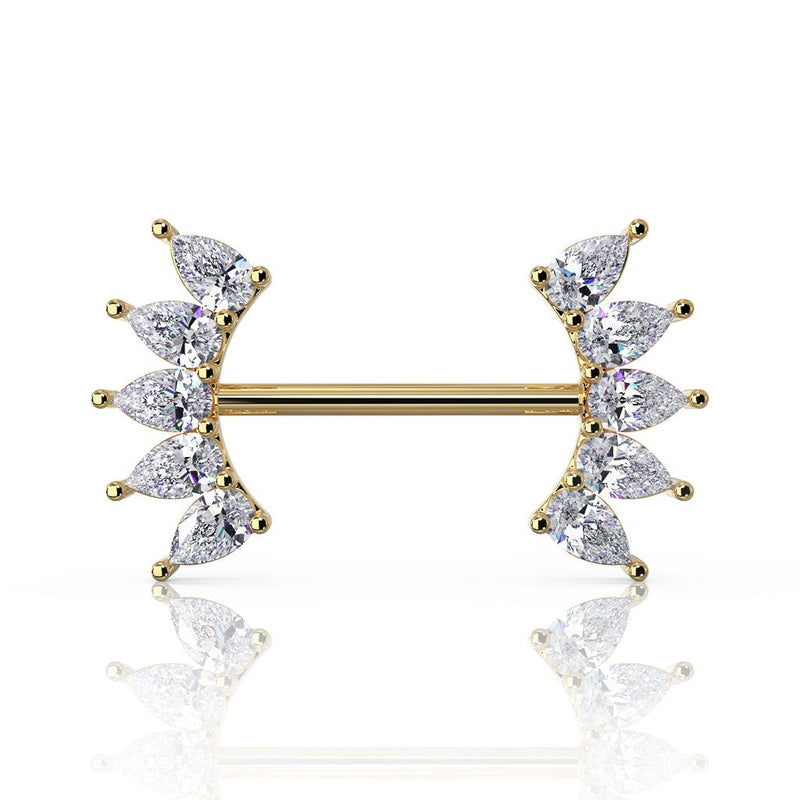 14k yellow gold nipple barbell with 10 pear white sapphires in fan crescent ends, front view