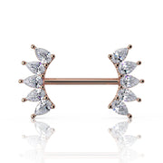 14k rose gold nipple barbell with 10 pear-cut white sapphires in crescent ends, front view