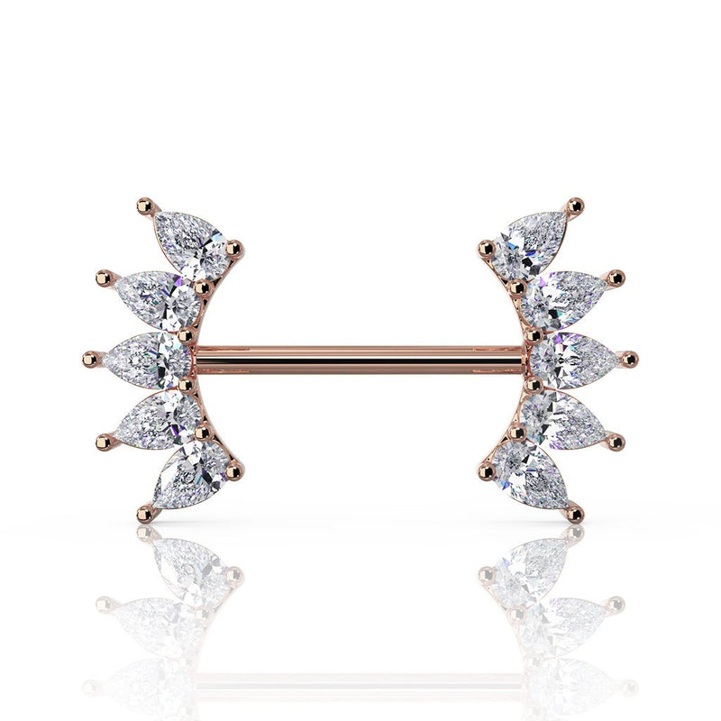 14k rose gold nipple barbell with 10 pear-cut white sapphires in crescent ends, front view
