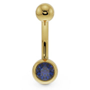 14K yellow gold navel ring with blue CZ in rounded bezel setting, front view