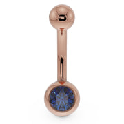 14K rose gold navel ring with blue CZ in round bezel ball setting, front view