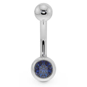 14K white gold navel ring with blue CZ in round bezel ball setting, front view
