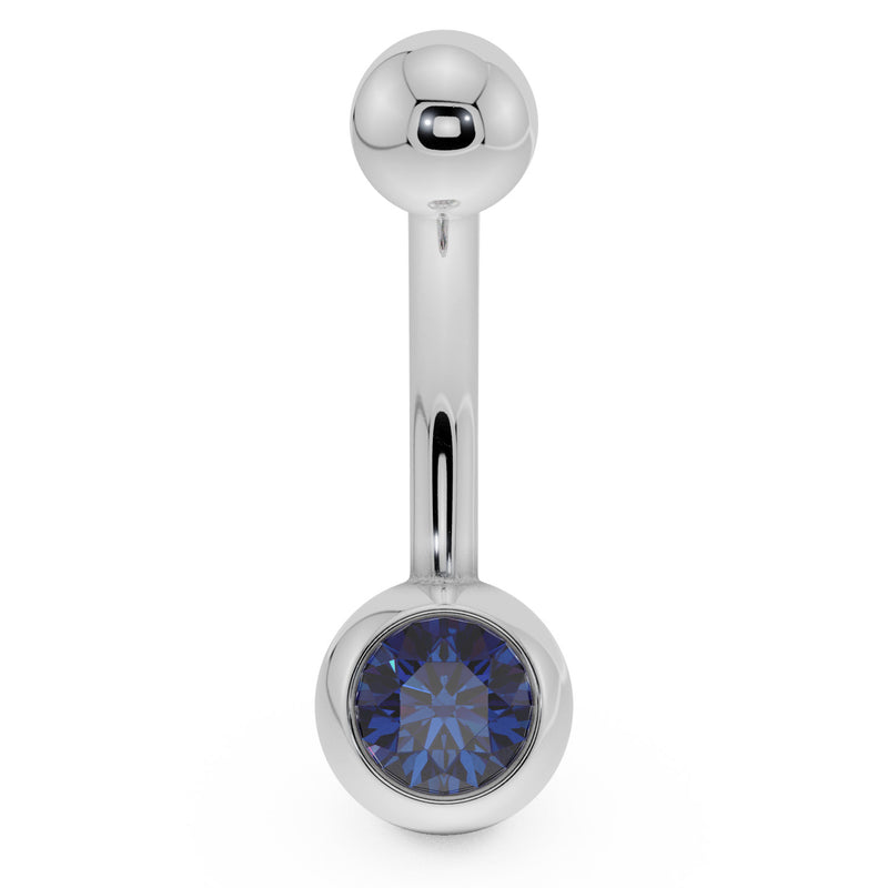 14K white gold navel ring with blue CZ in round bezel ball setting, front view