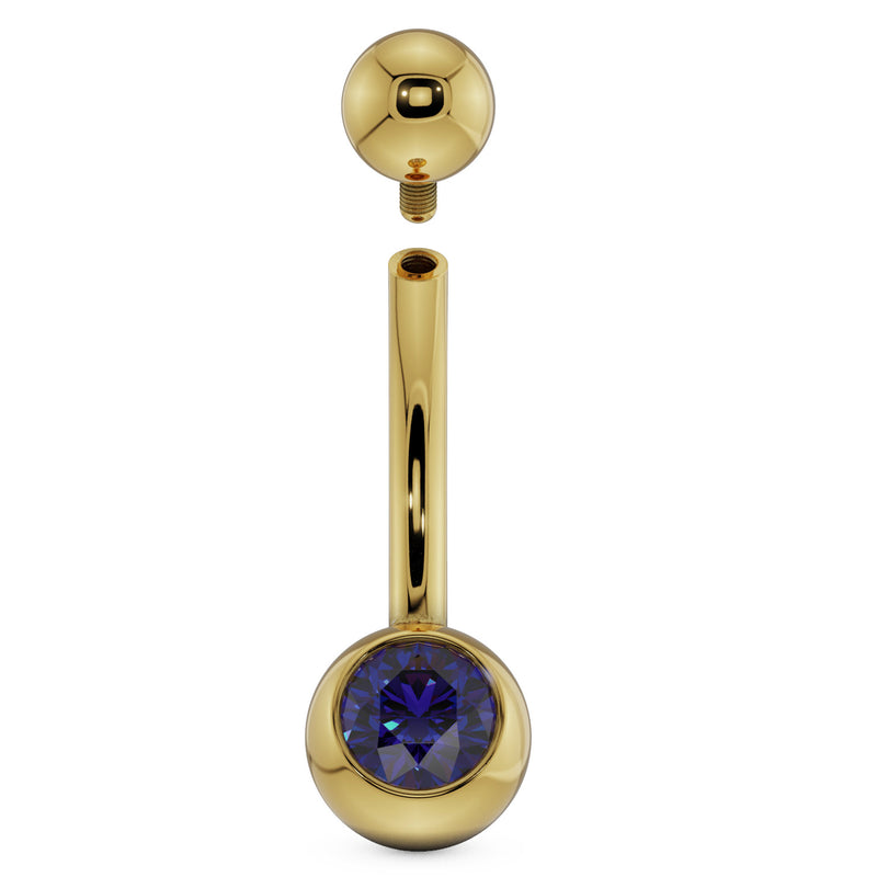 14K yellow gold belly ring with blue CZ showing internally threaded top ball removed