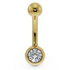 14K yellow gold belly button ring with clear CZ bezel setting, front view