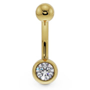 14K yellow gold belly button ring with clear CZ bezel setting, front view
