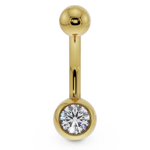14K yellow gold belly button ring with clear CZ bezel setting, front view