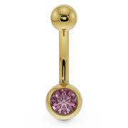 14K yellow gold navel ring with pink CZ round bezel setting, front view
