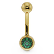 14K yellow gold belly button ring with green CZ in rounded bezel ball, front view