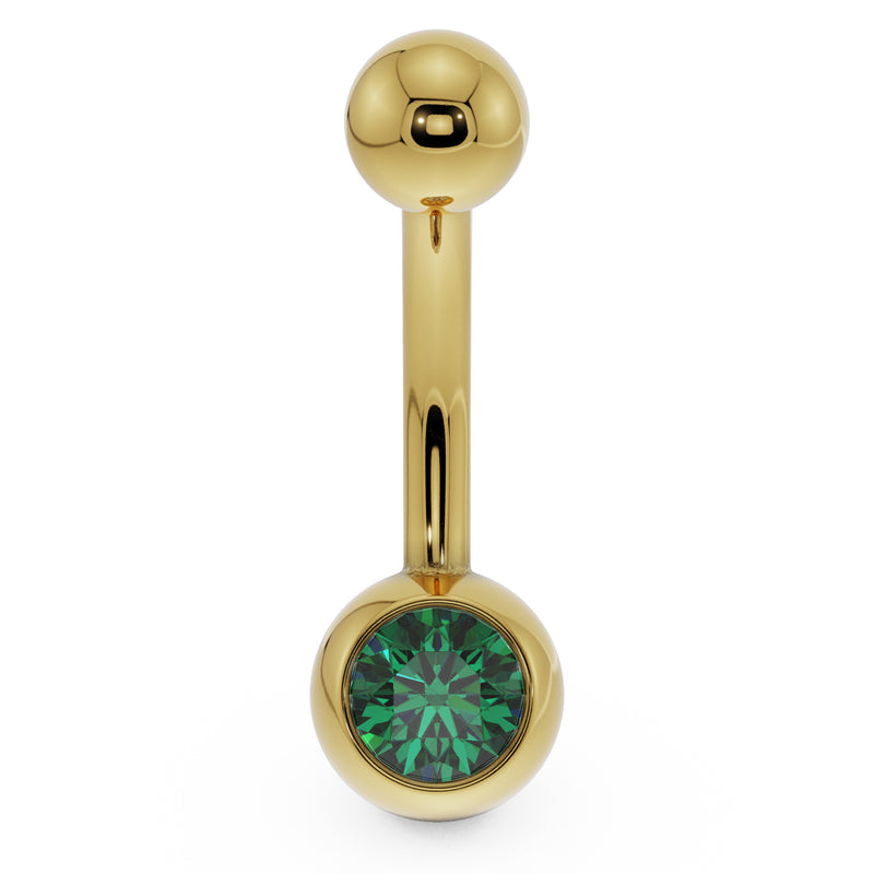 14K yellow gold belly button ring with green CZ in rounded bezel ball, front view