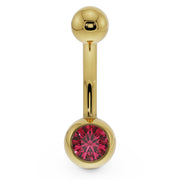 14K yellow gold navel ring with red CZ bezel setting, front view