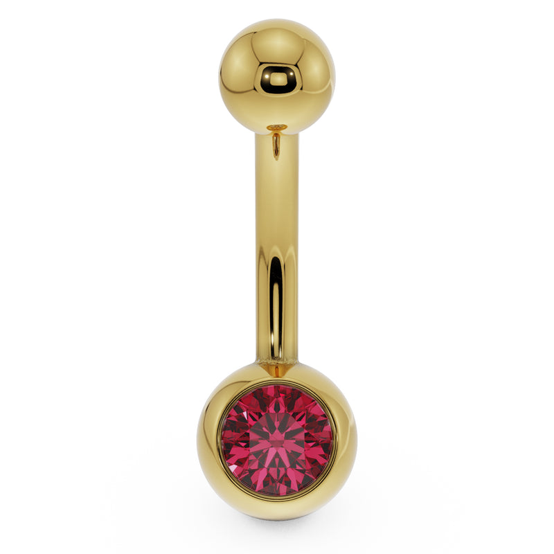 14K yellow gold navel ring with red CZ bezel setting, front view